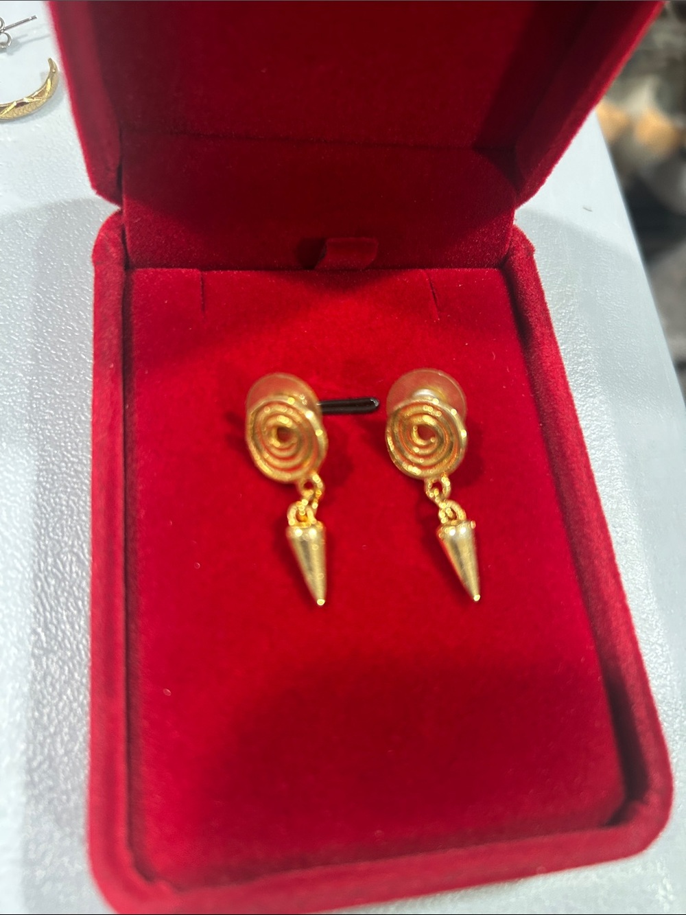 Gold Tone Spiral Stud drop earrings with cone spike charms modern minimalist